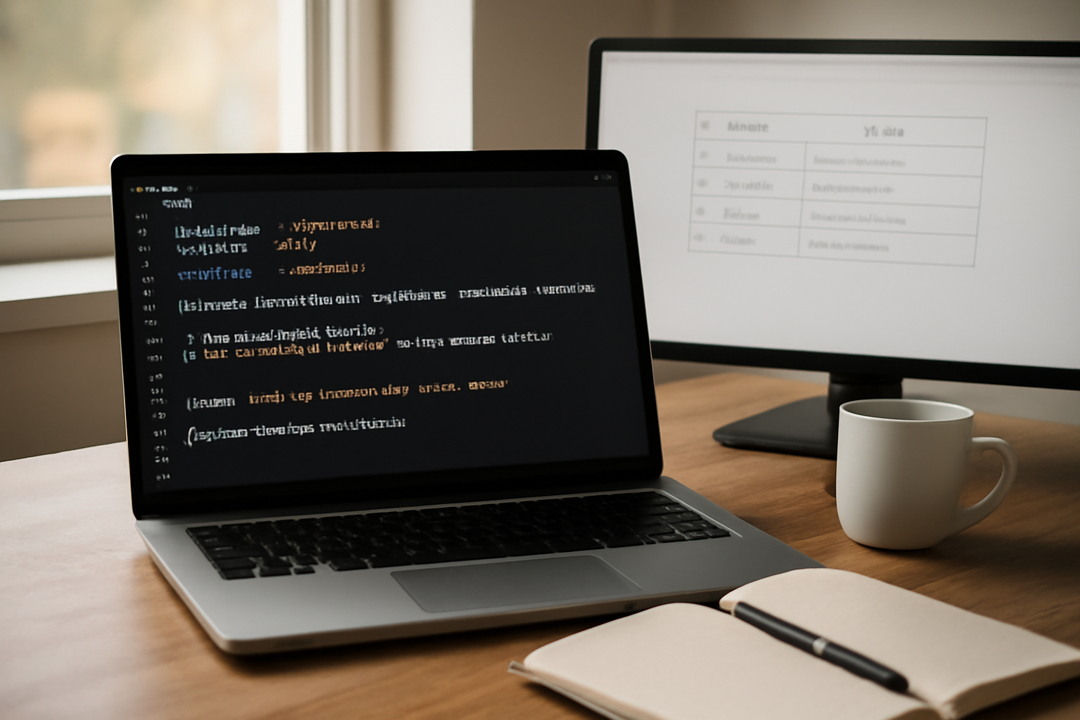 Meja kerja developer dengan laptop menampilkan kode PHP dan monitor kedua memperlihatkan tabel HTML hasil query database