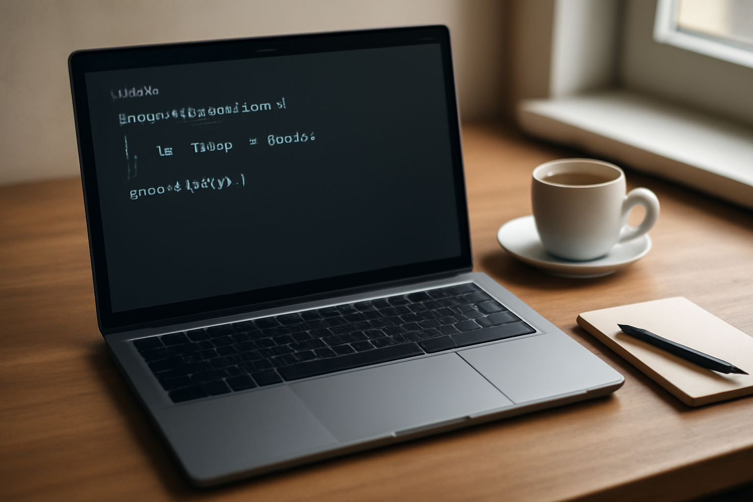 Laptop menampilkan terminal dengan perintah menjalankan PHP di meja kerja