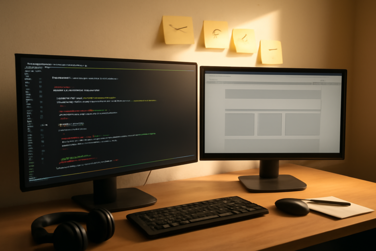 Meja kerja developer dengan dua monitor menampilkan kode PHP dan antarmuka browser