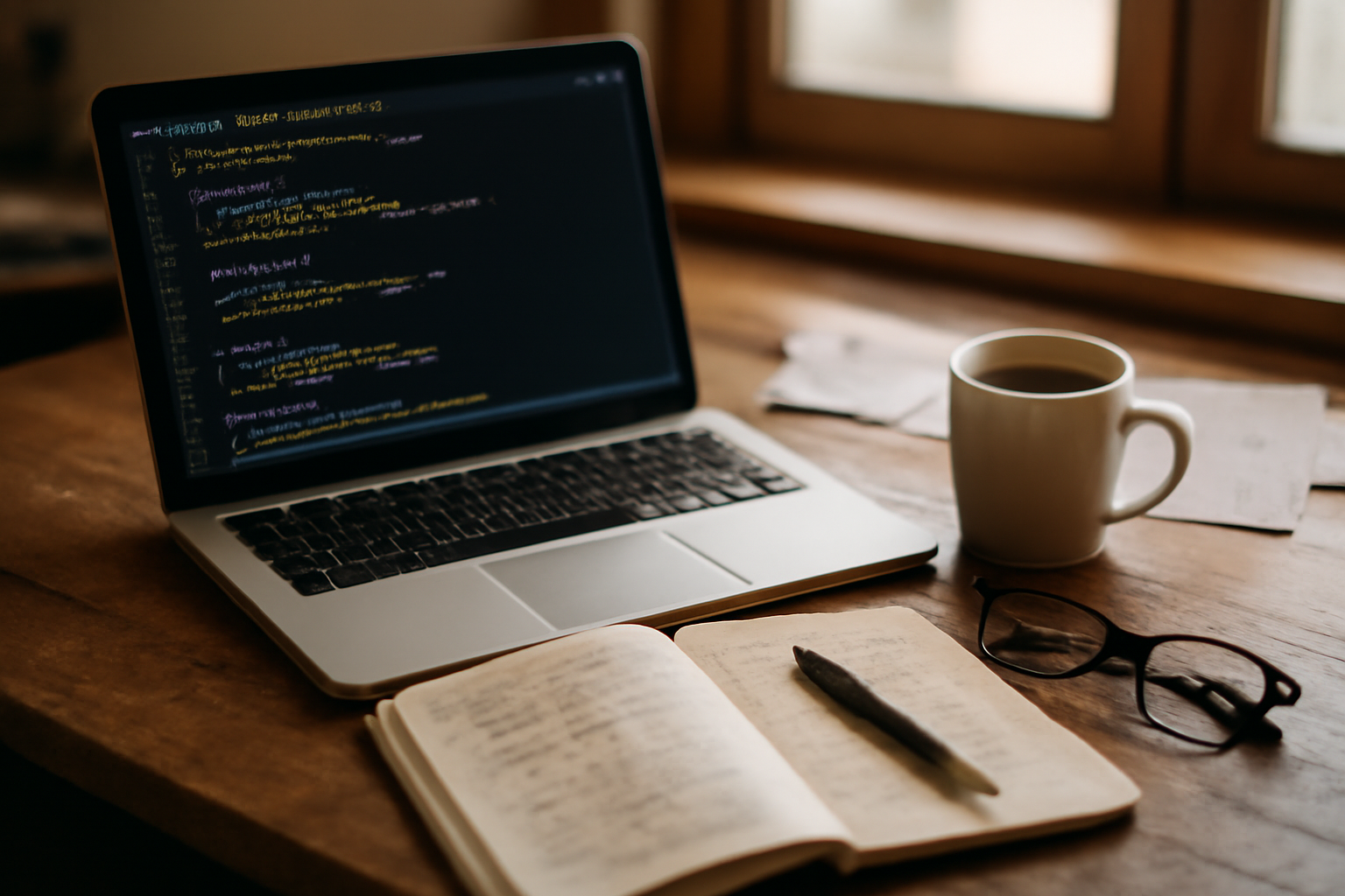 Meja kerja dengan laptop menampilkan editor kode PHP dan catatan belajar