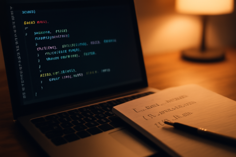 Laptop menampilkan kode PHP di editor gelap dengan catatan debugging di meja