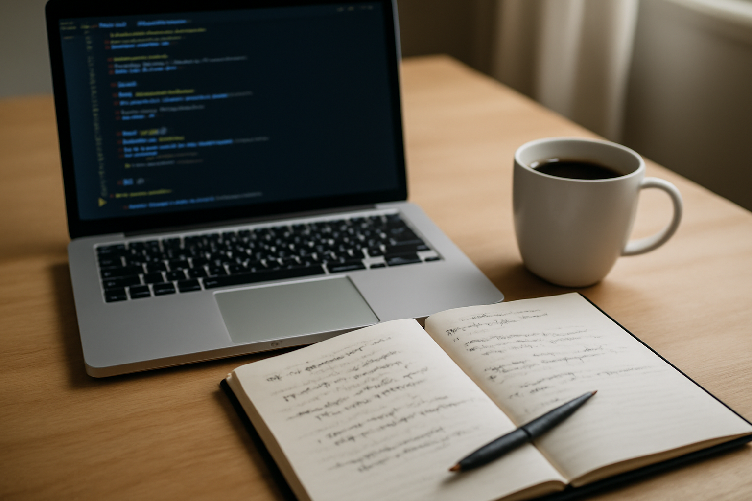 Ilustrasi meja kerja developer dengan laptop dan catatan tentang menyalin objek JavaScript